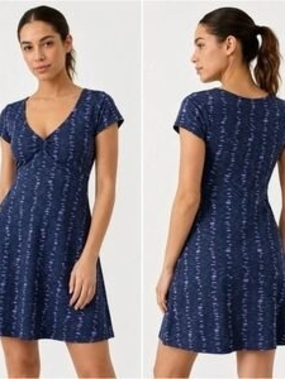 Toad&Co Rosemarie Organic Cotton Navy Patterned V-Neck Short Sleeve Dress